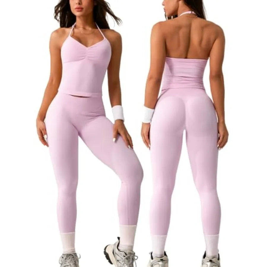 2 Pcs Ribbed Seamless Workout Sets for Women No Front Seam High Waisted Yoga Leggings and Adjustable Halter Bra Work Out Set