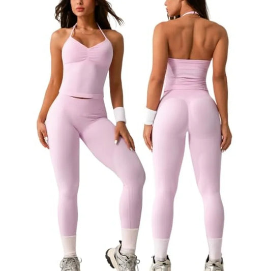 2 Pcs Ribbed Seamless Workout Sets for Women No Front Seam High Waisted Yoga Leggings and Adjustable Halter Bra Work Out Set