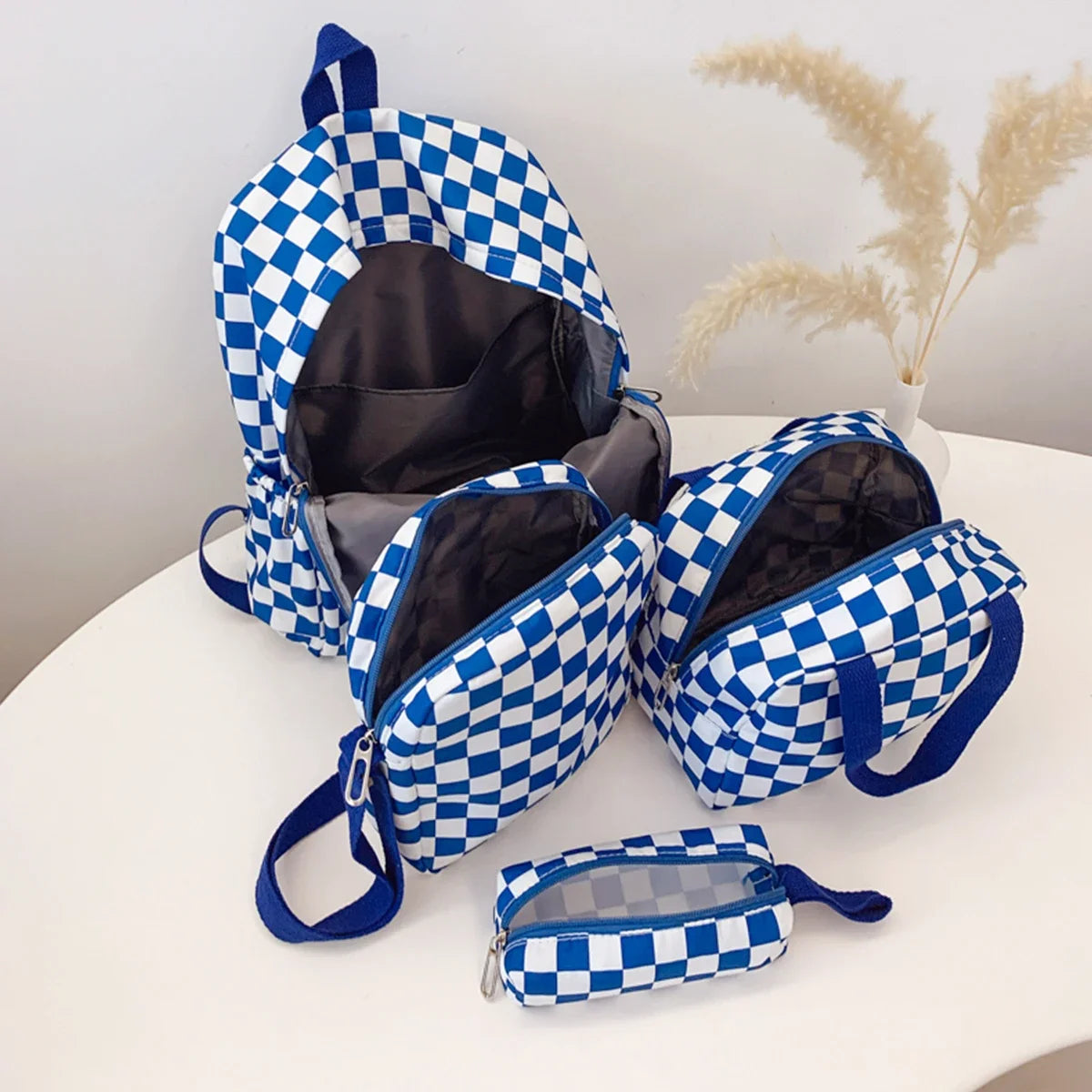 Checkerboard 4Pcs Backpack Set Crossbody &handbag &Pen Case Stitching Multi Pocket Adjustable Straps