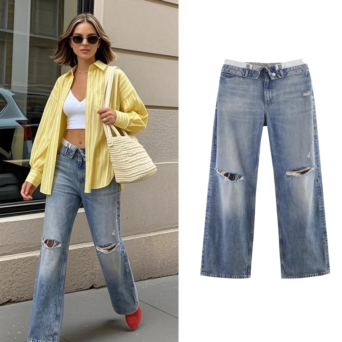 Casual Women Long Jeans Summer Female Chic Ripped Holes Denim Fashion Mid Waist Flanging Button Streetwear Pants Trousers