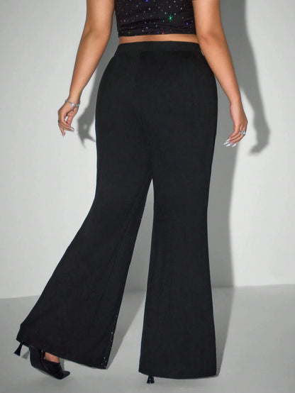 Plus Size Women Mesh Rhinestone Flare Pants High Waist See Through Sparkly Bell Bottom Trousers Night Club Party Black Pants