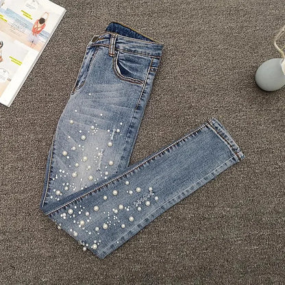 VWBQNZ Nailed Bead Jeans Women Spring/Summer New Versatile Hole Breaking Elastic Skinny Pencil Pants Female Casual Denim Pants