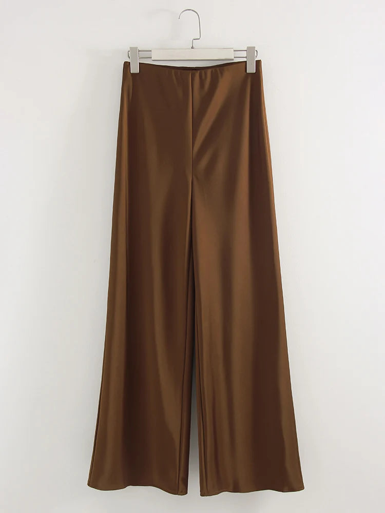 Streamgirl Summer Satin Pants For Women Wide Leg Beige Silk Trousers Long Straight Leg Luxury Pants For Summer Women Elegant