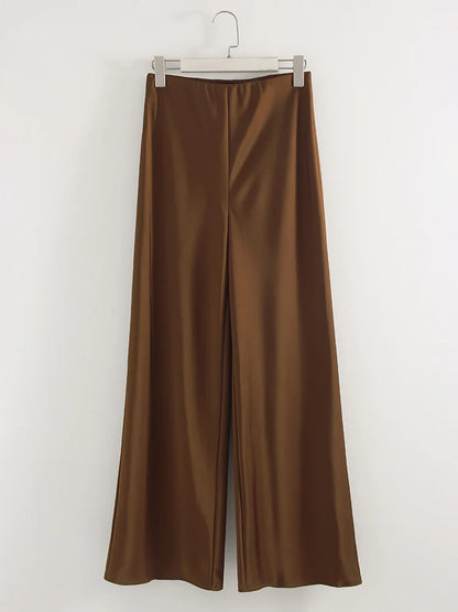 Streamgirl Summer Satin Pants For Women Wide Leg Beige Silk Trousers Long Straight Leg Luxury Pants For Summer Women Elegant