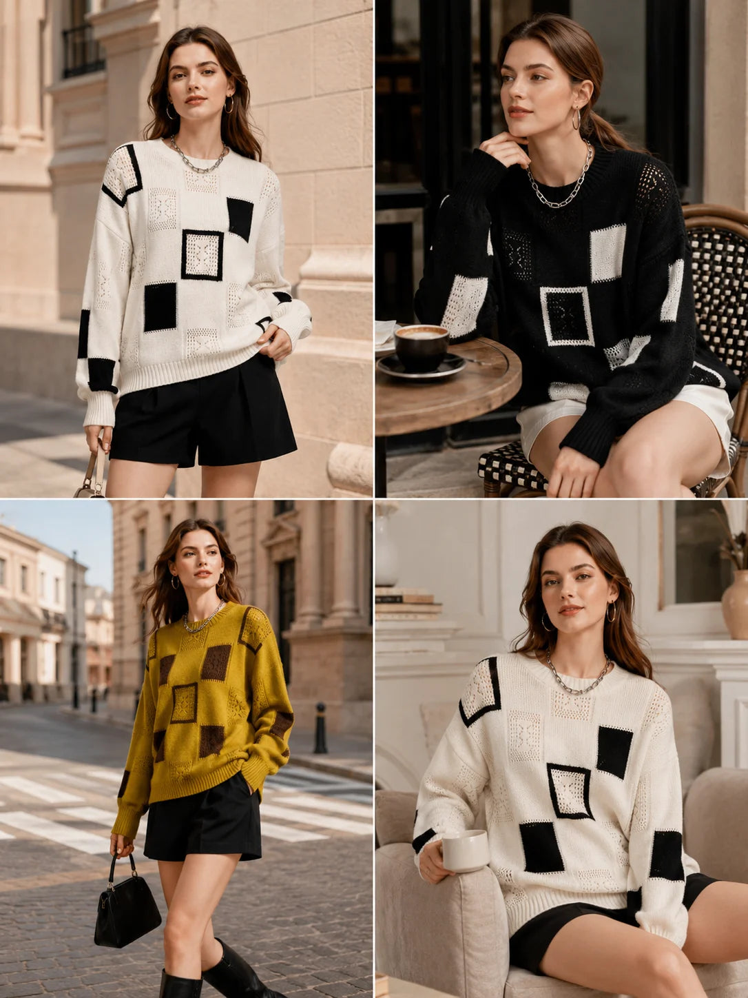 Color Block Square Patchwork Knit Sweater for Women, Hollow Cable Knit Crew Neck Long Sleeve Pullover, Loose Drop Shoulder Casual Jumper for Fall Winter
