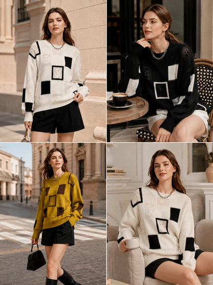 Color Block Square Patchwork Knit Sweater for Women, Hollow Cable Knit Crew Neck Long Sleeve Pullover, Loose Drop Shoulder Casual Jumper for Fall Winter