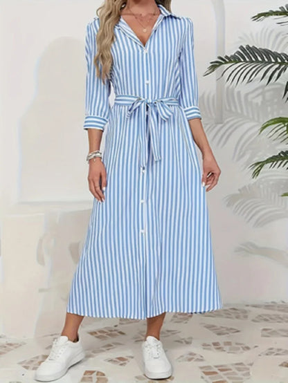 Women Blue White Vertical Striped Shirt Midi Dress 2026 New Turn Down Collar Button Front Belt Waist Tie Waist 3/4 Sleeve Split