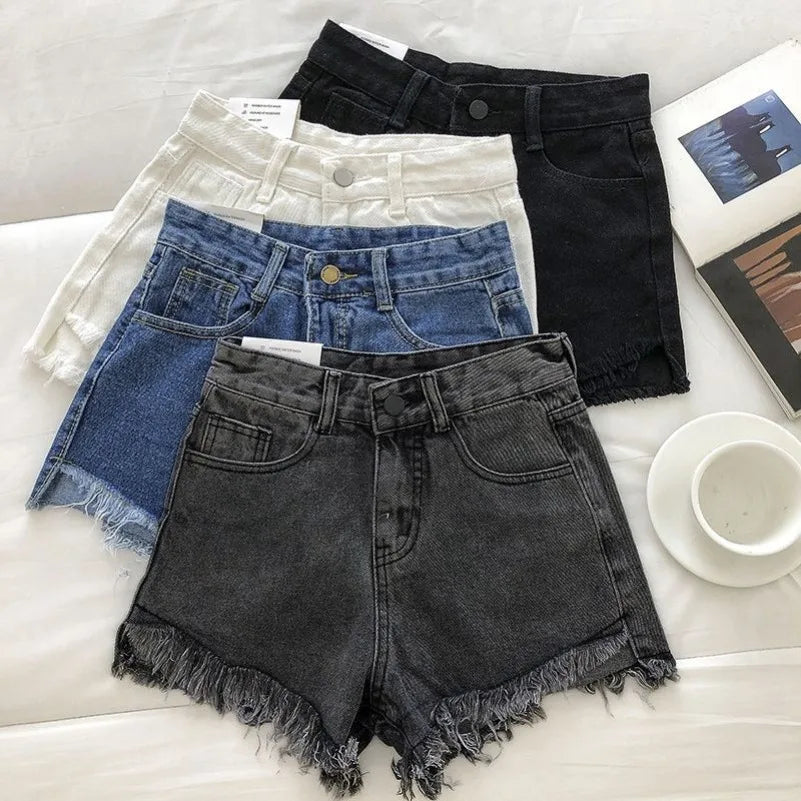 New Summer Women High Wiast Raw Hem Denim Shorts Soild White Black Blue Korean Wide Leg Pants Mon Shorts DURIKIES
