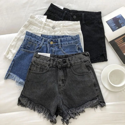 New Summer Women High Wiast Raw Hem Denim Shorts Soild White Black Blue Korean Wide Leg Pants Mon Shorts DURIKIES