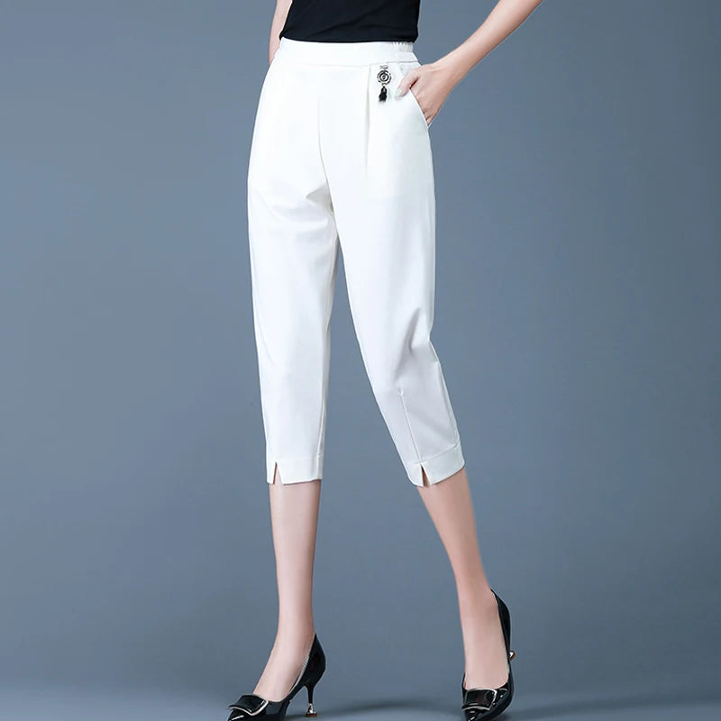 Quality White Cropped Pants With Elastic Waist for Women's Loose Fitting Summer Fit 2023 New Oversized Slim5XL Fit Versatile