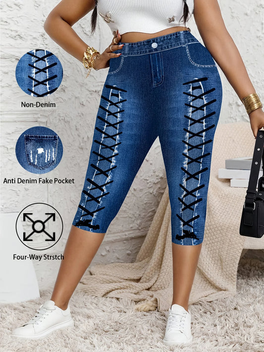 Plus Size High Waist Biker Shorts, 3-Button Tummy Control Yoga Shorts, Faux Denim Jean Look Compression Cycling Shorts
