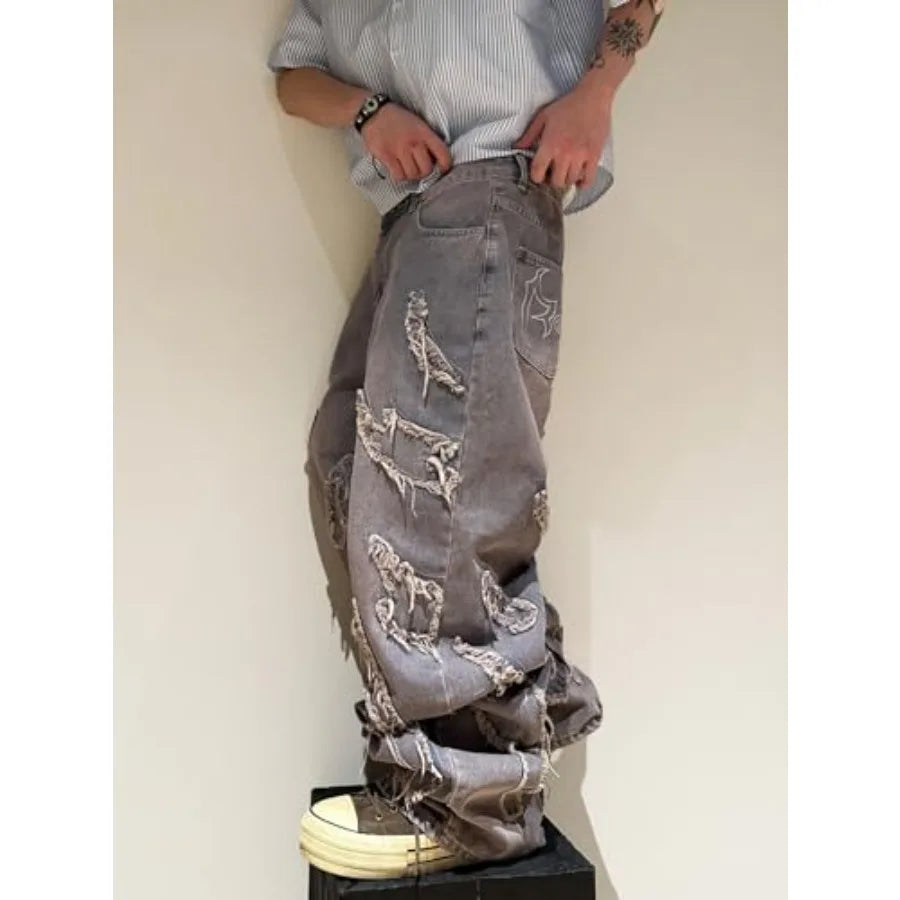 Men's Baggy Jeans Patchwork Embroidery Jeans Fringe Frayed Edges Wide Leg Denim Pants