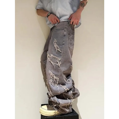 Men's Baggy Jeans Patchwork Embroidery Jeans Fringe Frayed Edges Wide Leg Denim Pants