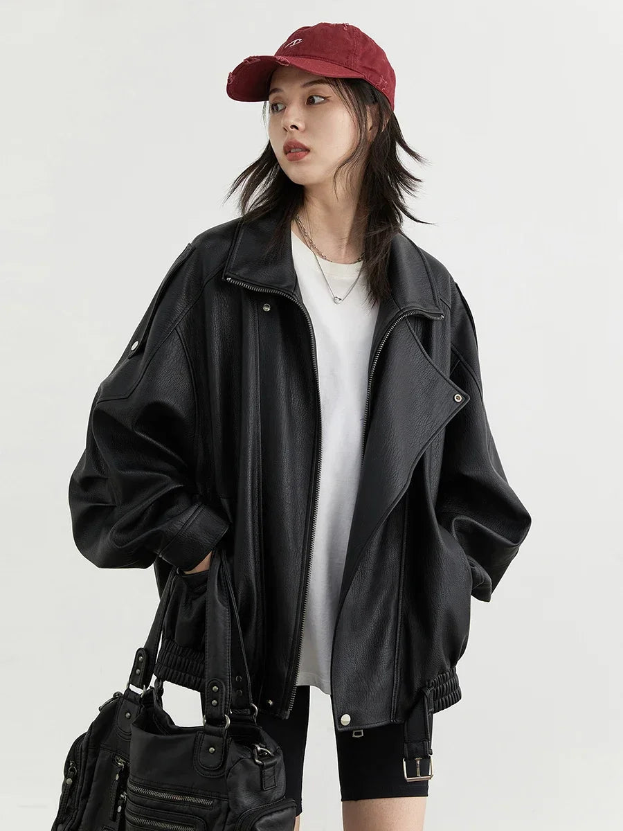 CHIC VEN Woman PU Jacket Solid Loose New Retro Standing Collar Motorcycle Faux Leather Coat Female Top Spring Autumn 2026