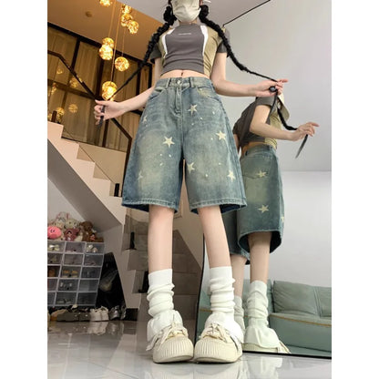 Casual Floral Print Loose Wide Leg Womens Jeans New American Retro Star Design Straight Leg Comfort Stretch Soft Denim Shorts