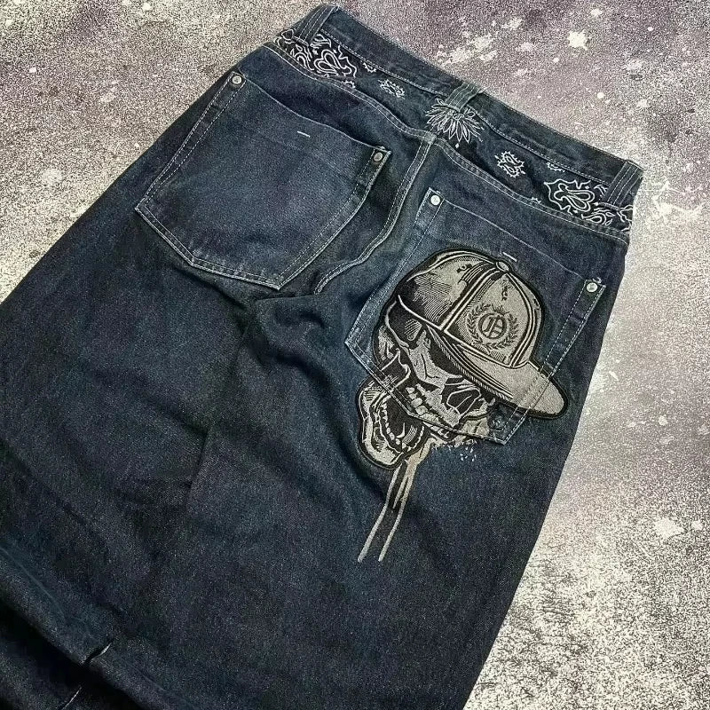 Street Fashion Trend Skull Embroidered Jeans Women Straight Wide-leg Pants Couple Casual Jeans