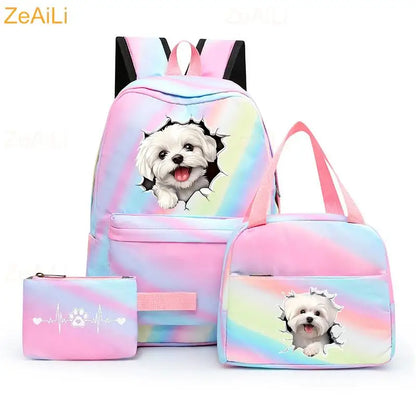3pcs White Puppy Maltese Dog Colorful Backpack with Lunch Bag for Women Student Teenagers Rucksack Casual School Bags Sets