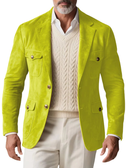 1970s Men's Suede Blazer Retro Slim Fit Two Buttons Multi Pocket High Quality Jacket Fashion Casual Sport Coat For Daily Wear