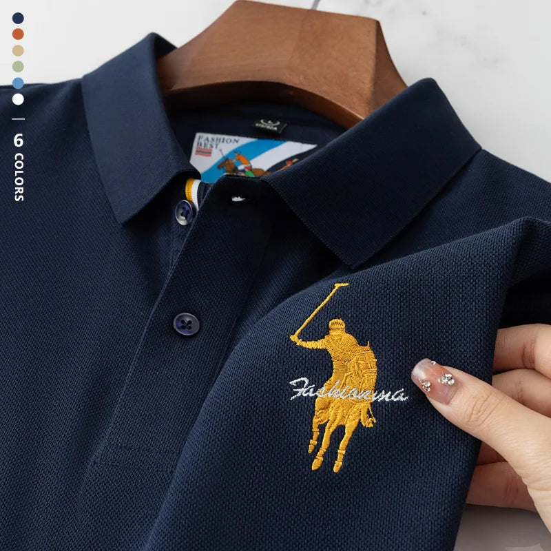 Luxury Embroidery Men's Polo Shirt Summer Thin Breathable 100%Cotton Black Navy Blue Lapel Short-Sleeved Tops Brand Clothing