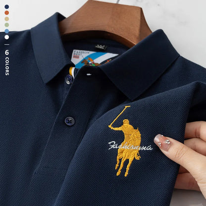 Luxury Embroidery Men's Polo Shirt Summer Thin Breathable 100%Cotton Black Navy Blue Lapel Short-Sleeved Tops Brand Clothing