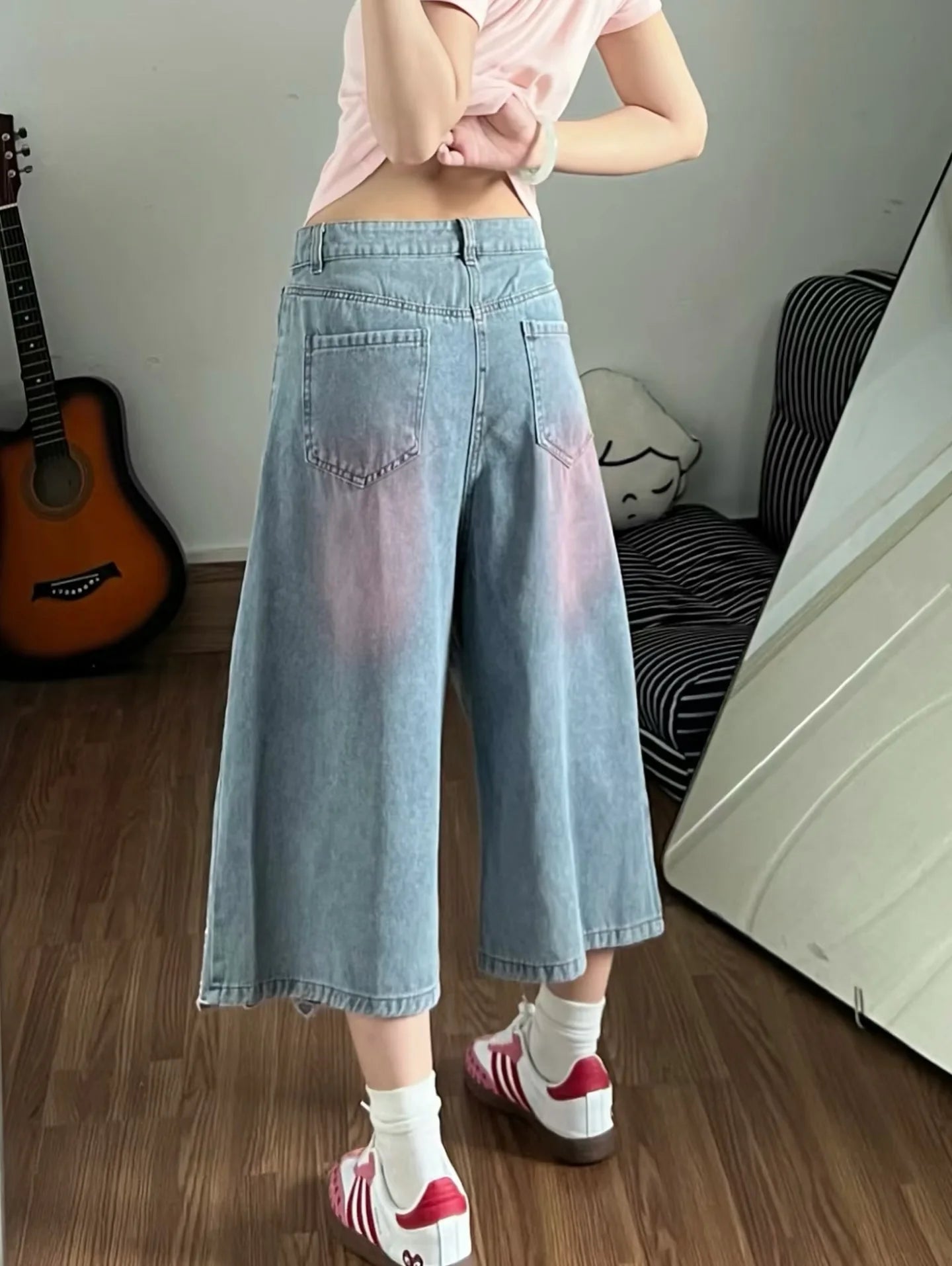 Summer Womens Oversized Jeans Elastic High Waist Cartoon Cat Embroidery Capri Pants Woman Denim Pants Wide Leg Girl Cute Jean
