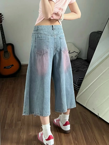 Summer Womens Oversized Jeans Elastic High Waist Cartoon Cat Embroidery Capri Pants Woman Denim Pants Wide Leg Girl Cute Jean