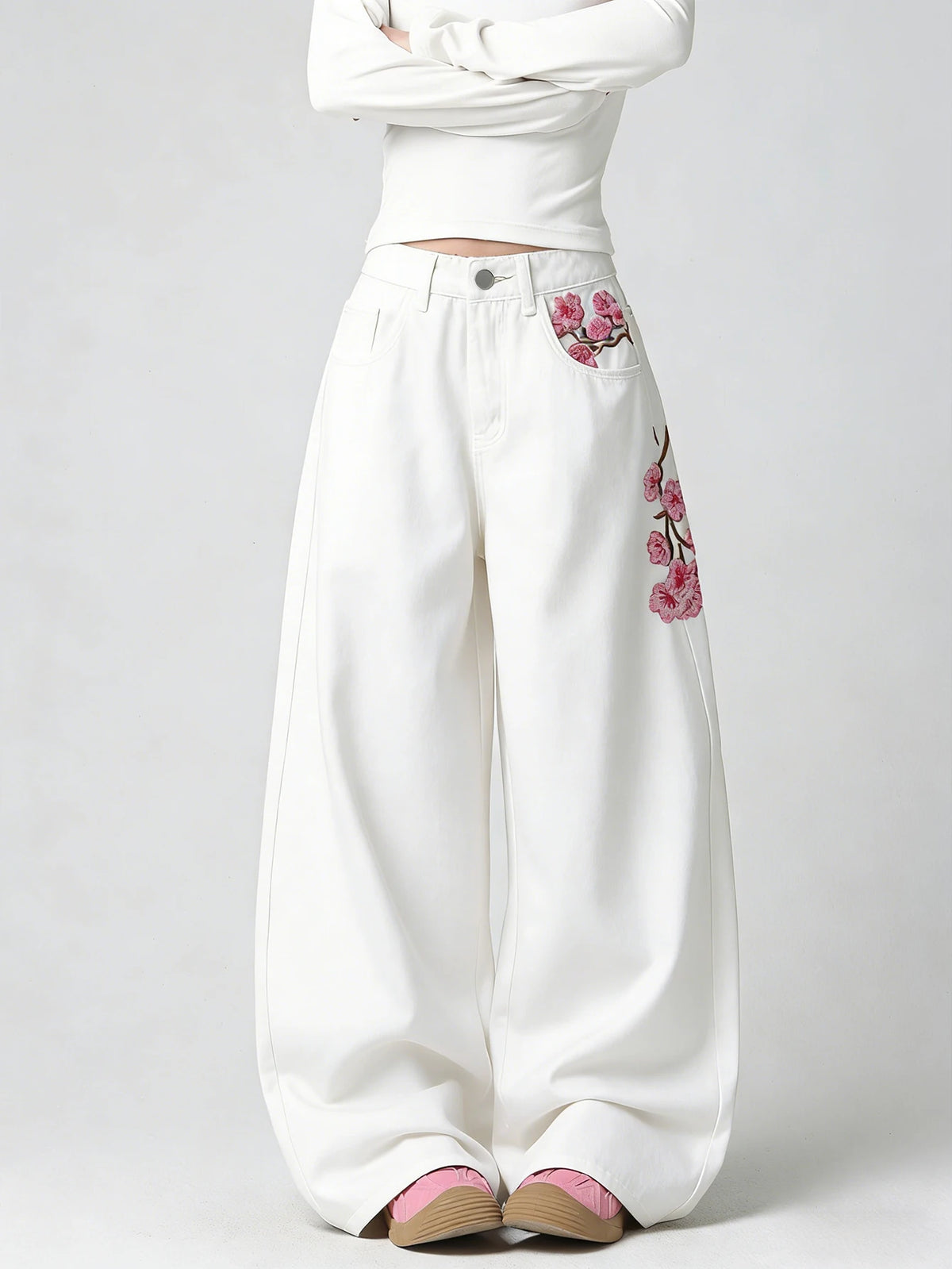 Women's White Embroidered High-Waist Loose Wide-Leg Jeans Y2K Street Trend Comfortable Everyday Versatile All-Season Pants