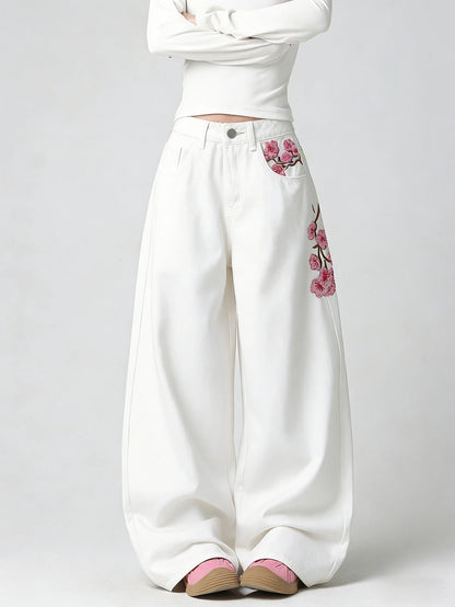 Women's White Embroidered High-Waist Loose Wide-Leg Jeans Y2K Street Trend Comfortable Everyday Versatile All-Season Pants