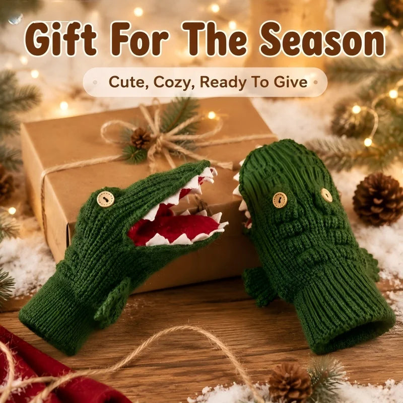 Cute Crocodile Knitted Mittens, Funny 3D Animal Design Warm Winter Full-Finger Gloves, Soft Knit Hand Warmers, Novelty Dress-up Gloves for Women Men, Perfect Christmas Holiday Gift Choice, Ideal for Daily Outdoor Cold Weather