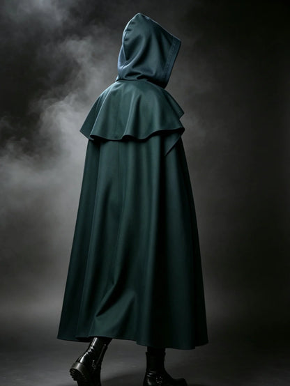 Medieval Vintage Hooded Long Cos Cloak, Dark Green Double Lapel Tie Cape, Unisex Ranger Hunter Wizard Role Play Costume, Retro Gothic Cosplay Coat