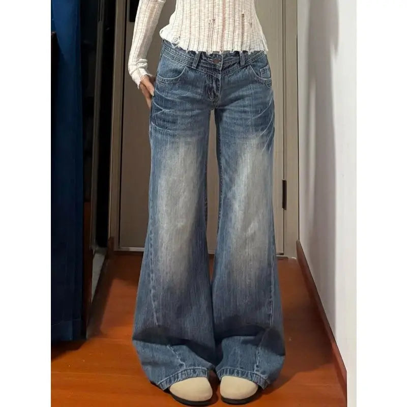 New American Vintage Edgy Low Waist Washed Jeans Women Lightning Crack Flared Wide Leg Floor Length Versatile Denim Pants