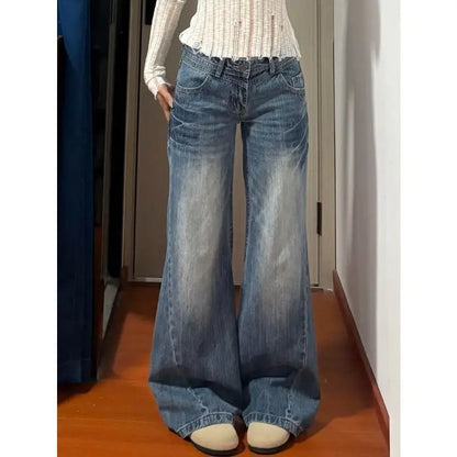 New American Vintage Edgy Low Waist Washed Jeans Women Lightning Crack Flared Wide Leg Floor Length Versatile Denim Pants