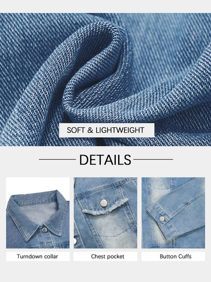 Plus-size women's short denim jacket, with a washed button design, casual and loose fit.