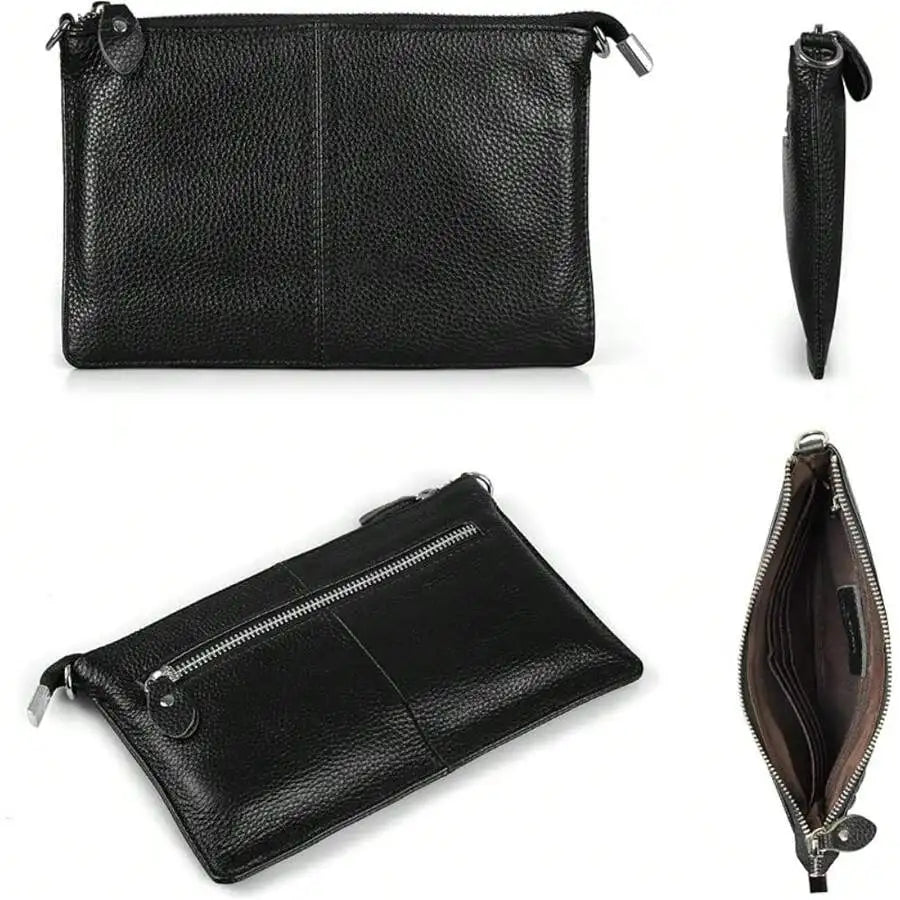 Genuine Leather Wristlet Clutch Wallet Purses Small Crossbody Bags Shoulder Handbag For Women, Silvery Zipper