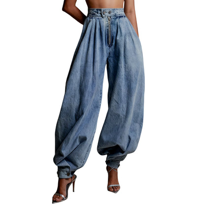 Women Harem Denim Pants Causal High Waist Wide Leg Baggy Solid Color Trousers with Pockets
