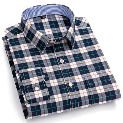 Men's Social Shirts Long Sleeve 100%Pure Cotton Oxford Buttoned Plaid Formal Male Casual Clothes Oversized Shirt Plus Size S-7XL