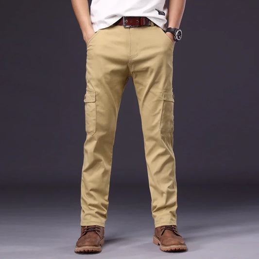 Plus Size Men Cotton Black Multiple Pockets Cargo Pants Casual Multi Pockets Long Trousers Men Straight Slacks Tactical Pants