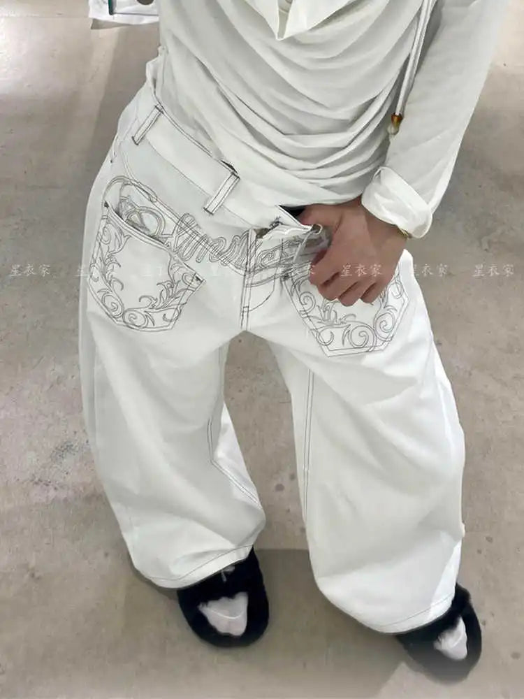 Women Embroidery Baggy Jean Japanese Y2K Streetwear Harajuku Denim Pants Hip-pop 2000s Wide Leg High Street Cyber Punk Tomboy