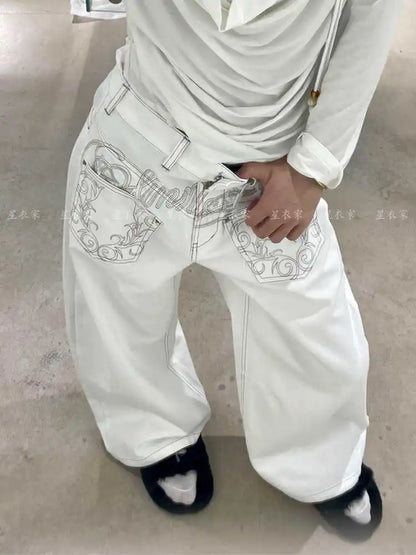 Women Embroidery Baggy Jean Japanese Y2K Streetwear Harajuku Denim Pants Hip-pop 2000s Wide Leg High Street Cyber Punk Tomboy