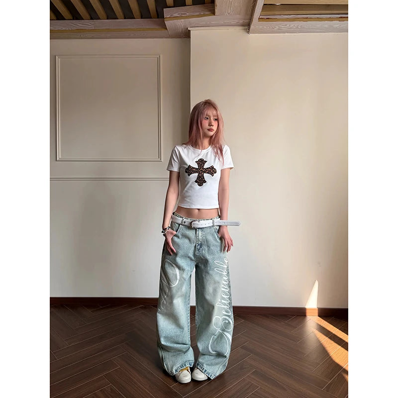 YIBASHU Women Vintage Blue Y2k Baggy Jeans Harajuku Letter Print Denim Trousers Streetwear Japanese 2000s Oversize Jeans Pants