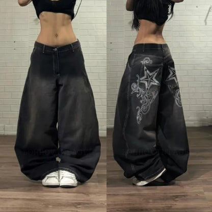American Vintage Hip Hop New Blue Washed Pattern Printed Baggy Jeans Female