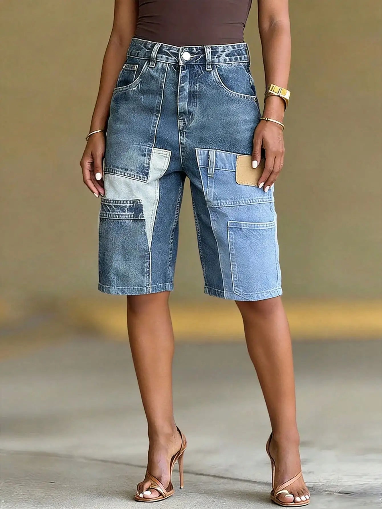 GLOURI Women Patchwork Denim Shorts High Waist Multi-Pocket Bermuda Jean Shorts Casual Streetwear