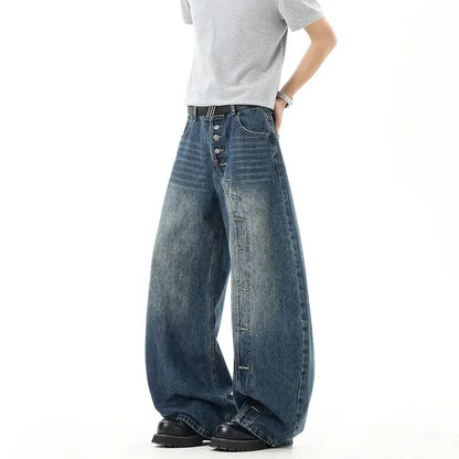 QICHE Men American Vintage Irregular Deconstructed Curved Jeans Loose Wide Leg Designer Casual Trousers