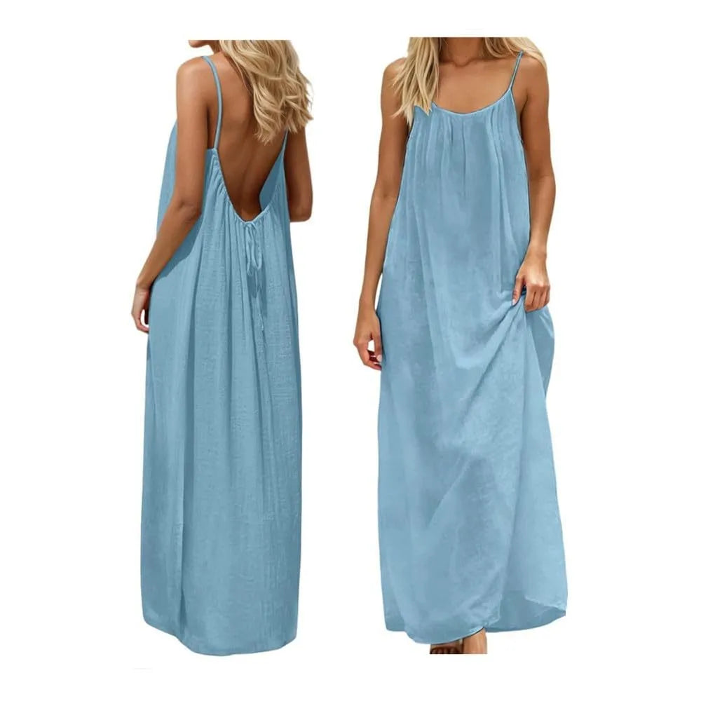 Women's 2026 Summer Ice Silk Crepe Maxi Dress, Solid Color Backless Ruched Spaghetti Strap Casual Long Dress for Beach Vacation