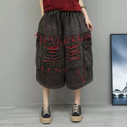 Unique Fashion Denim Jeans Women Distressed Mid-Length Loose Ripped Wide-Leg Cropped Pants LX5800