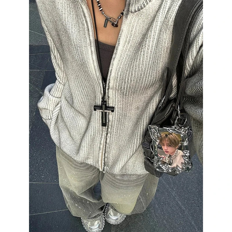 American Fashion New Gray Oversized Denim Pants Retro Wash Loose High Waist Trousers Harajuku Simple Casual Wide Leg Jeans