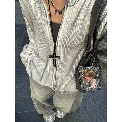 American Fashion New Gray Oversized Denim Pants Retro Wash Loose High Waist Trousers Harajuku Simple Casual Wide Leg Jeans