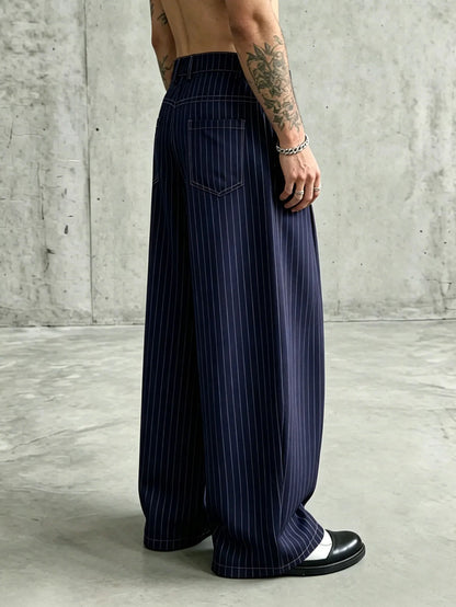 Men Navy Pinstripe Wide Barrel Baggy Pants Stretch Wrinkle Free Oversized Loose Banana Trousers Business Street Chinos