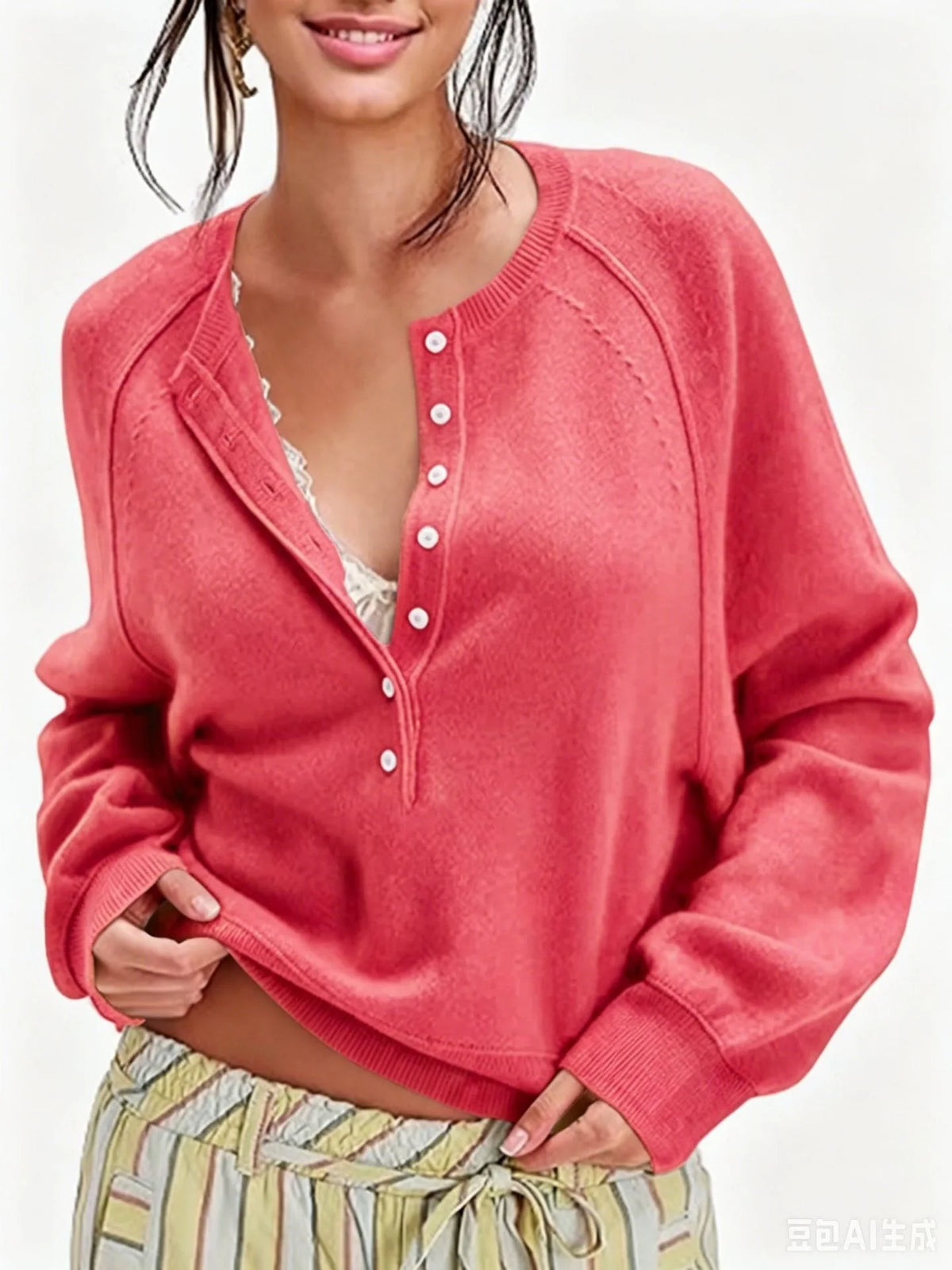 Women's Long-Sleeve Knitted Sweater, Half-Button Design, Henley Collar, Casual Style, lightweight Material, Solid Color Pullover Knitwear.