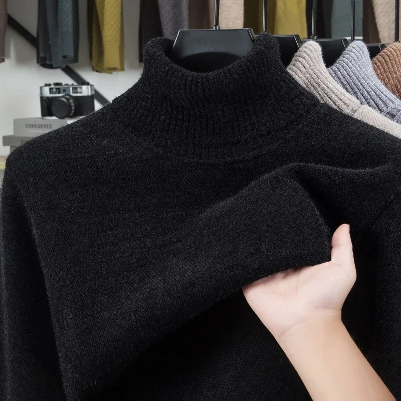 Luxury Man Long-Sleeved Knitwear High Neck Fleece-Lined Thickened Solid Color European American Style Sweater Leisure Men's Wear